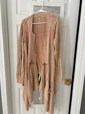 Free People Beige Knit Open-Front Cardigan with Coral Accents
